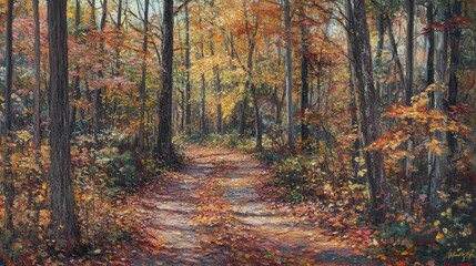 Obraz premium path through a dense autumn forest, where vibrant leaves create a warm, colorful canopy and fallen leaves line the quiet trail