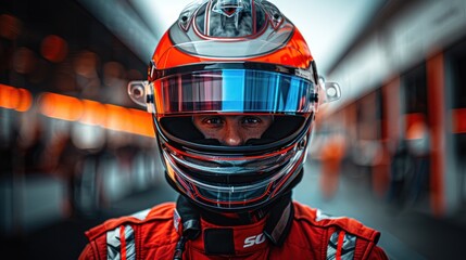 Fototapeta premium A race car driver in a helmet, ready for competition in a vibrant pit lane environment.