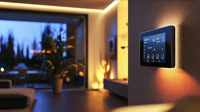 Modern-looking home with smart speakers lights and thermostat all connected and controlled through a single device, concept of Smart Home and Automation
