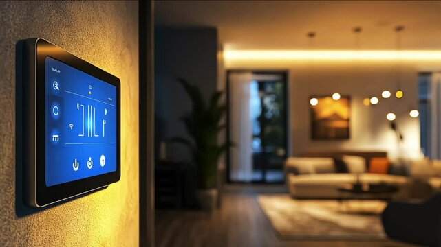 Modern-looking home with smart speakers lights and thermostat all connected and controlled through a single device, concept of Smart Home and Automation
