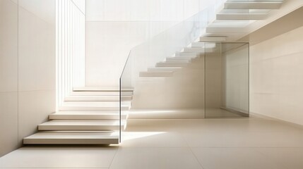 Fototapeta premium A set of stairs in a minimalist home, featuring floating steps and glass railings. The design emphasizes simplicity and space