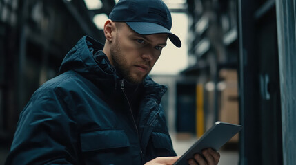 A focused individual in a dark jacket examines a tablet in an industrial setting.