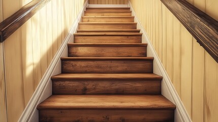 A set of stairs with vintage wooden steps leading up to a cozy attic room. The stairs are lined with old-fashioned railings,