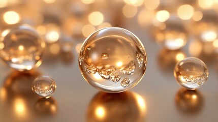 Naklejka premium Golden Spheres Reflecting Light and Bubbles