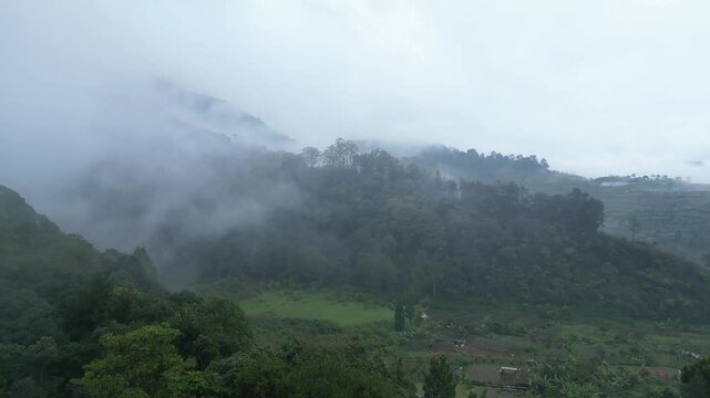 Aerial drone movement cinematic of Mount Geger Bentang, Cianjur, Indonesia. A thin mist covers some parts of the forest.