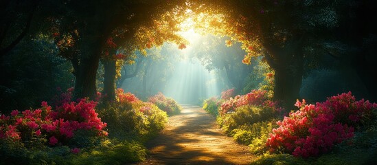 Obraz premium Sunlit path through a magical forest with blooming flowers.