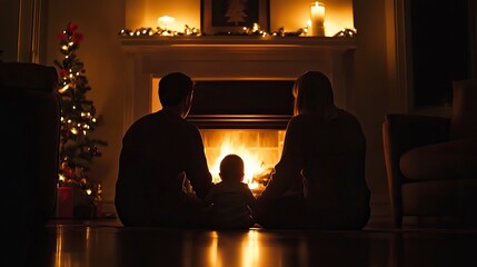 Silhouette of Parents and Child in Pajamas Sitting by Fireplace  Family Pajama Photoshoot, Winter season, Happy New Year, Happy Christmas 