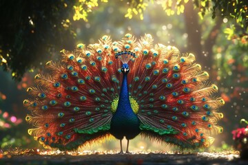 Obraz premium Shimmering peacock feathers and crown under bright sky