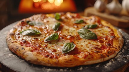 Delicious pizza with mozzarella, ham, and basil on a dark stone plate.