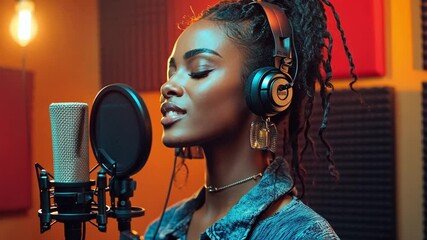 Recording Studio Passion: A talented female artist pours her heart and soul into a powerful vocal performance, capturing the raw emotion and dedication of music creation.