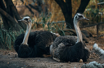 Wildlife in African Zoo &ndash; Two Ostriches Relaxing on the Ground