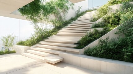 A staircase with alternating wide and narrow steps, leading to a rooftop garden.