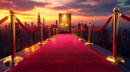 Fototapeta premium A pristine red carpet with golden stanchions, velvet ropes, and a dazzling event backdrop at the end, set against a sunset-lit cityscape
