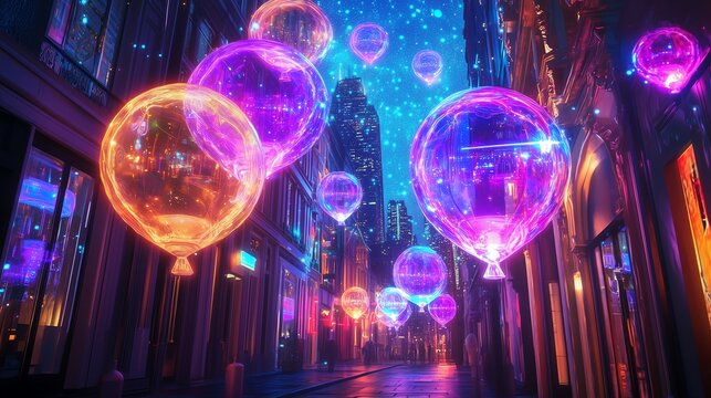 Holographic-textured digital balloons hovering in a cyberpunk street, surrounded by vibrant floating lights and intricate digital projections in a neon-lit environment.