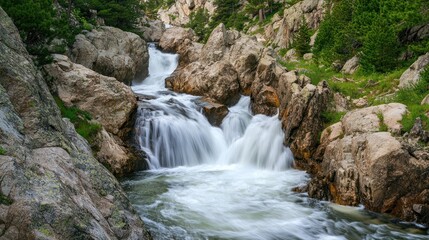 Obraz premium Cascading Waterfall Through Rocky Mountain Gorge