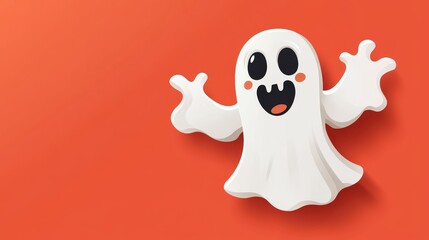 Obraz premium Cute ghost cartoon is a playful character. Friendly phantom on orange background. Spooky halloween illustration shows fun spirit. Whimsical design for festive decoration and template.
