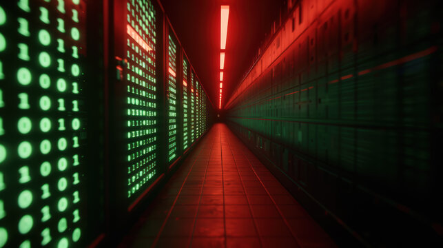 Futuristic Data Center Corridor with Glowing Binary Code in Green and Red Lights