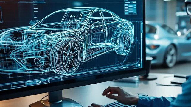 Designing the Future: A close-up shot of a computer screen displaying a 3D blueprint of a car, showcasing the innovative process of automotive design.