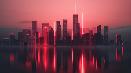 Fototapeta premium Stunning Urban Skyline at Dusk with Neon Red Lights and Reflection Over Water Surface
