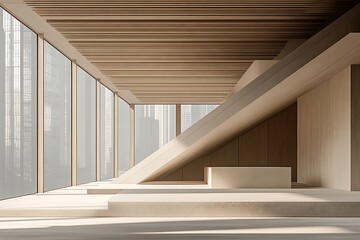 Obraz premium Modern Minimalist Wood Panel Office Interior Design