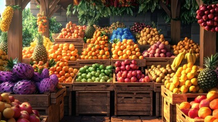 A vibrant fruit market filled with colorful and fresh produce. Stacks of fruits showcase oranges, bananas, grapes, and more in a lively outdoor setting.