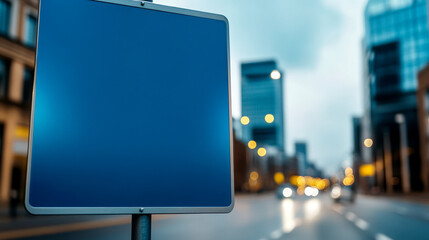 An empty street sign stands in a blurred urban setting, suggesting an incomplete message amidst city buildings and traffic.