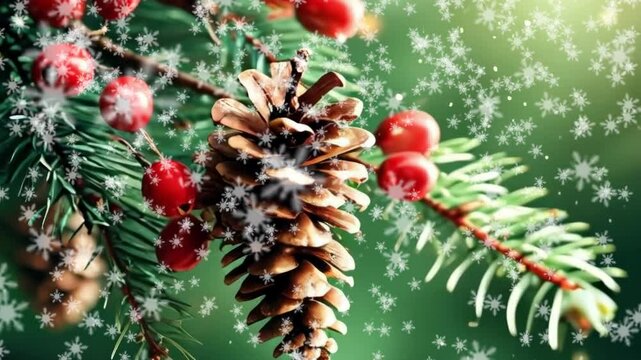 Festive Winter Scene: Snow Falling Over a Decorated Pine Branc