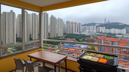 Fototapeta premium A balcony view featuring a grill setup with vegetables and a city skyline backdrop.