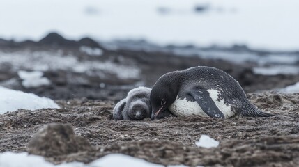 Adelie Penguin Protecting Its Chick In Antarctica