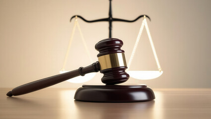 Justice concept. gavel rests wooden surface with glowing scales of justice background, symbolizing law and