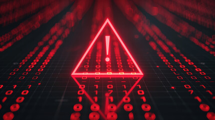 Red Warning Triangle with Exclamation Mark on Digital Background of Binary Code Representing Cybersecurity Threat