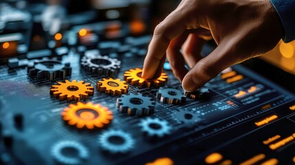 Fototapeta premium Futuristic technology interface with gears. Digital touchscreen emphasizes innovation and automation. Modern engineering and control in a conceptual abstract network design.