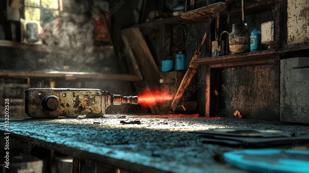 Poster a torch being used in a workshop to remove paint from a metal surface. the image highlights the usef