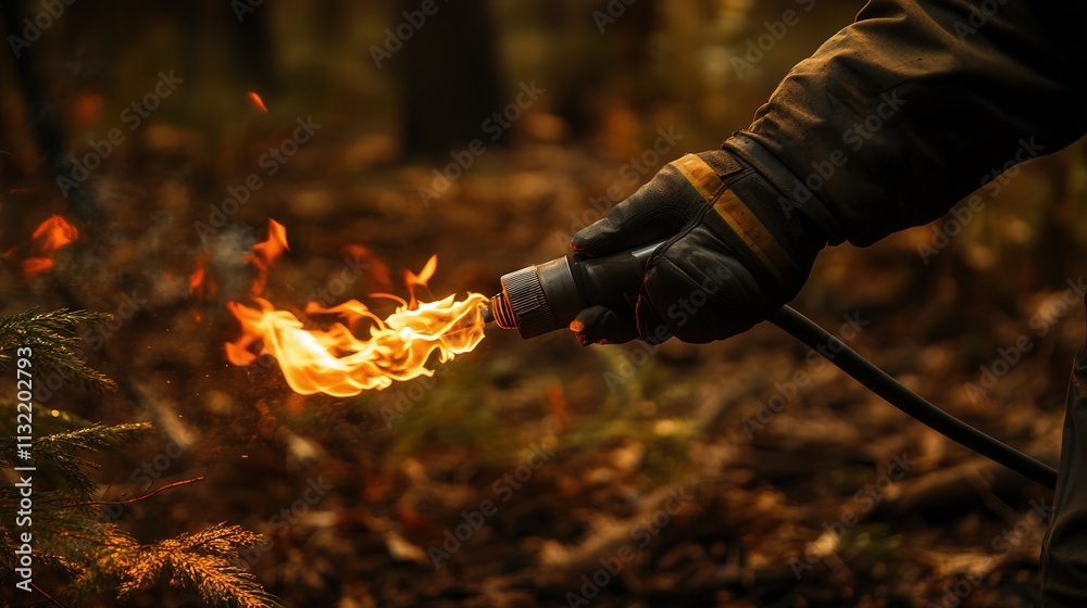 Poster a torch used by a firefighter to create controlled burns in the forest.