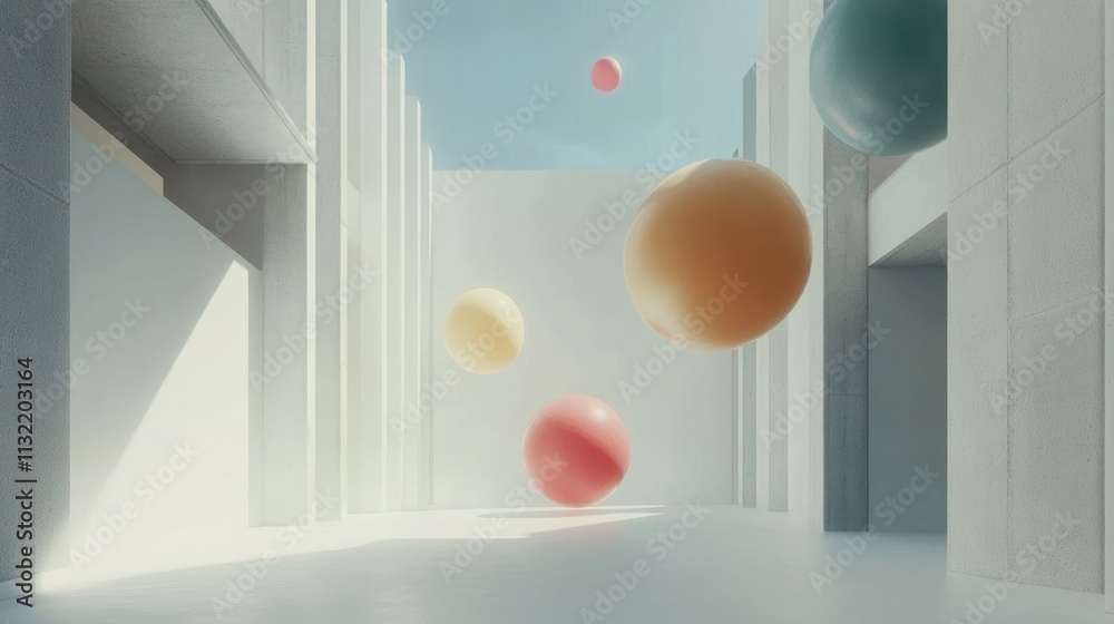 Poster Colorful spheres float within a minimalist concrete structure