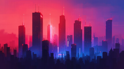 Fototapeta premium Vibrant Cityscape at Dusk with Illuminated Skyscrapers and Stunning Color Gradients