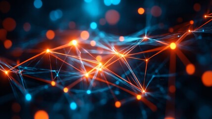 Obraz premium Abstract Network of Glowing Lines and Points in Orange and Blue
