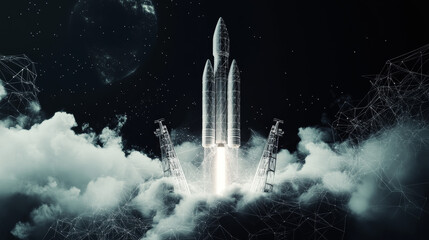 Abstact launch of the rocket from the earth with clouds of smoke. Low poly style design. Abstract geometric background. Wireframe light connection structure. Modern 3d graphic concept. Isolated vector