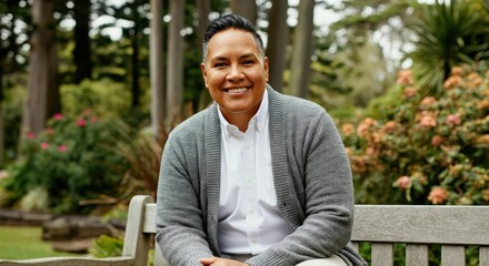 Fototapeta premium Smiling hispanic male seated on bench in lush park setting for outdoor portrait session