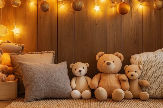 Cheerful children's play corner adorned with holiday decorations and soft stuffed toys in warm lighting