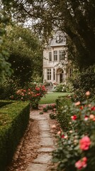 Obraz premium Serene Garden Path Leading to a Stone House
