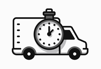 Obraz premium Geometric Black and White Delivery Truck with Stopwatch: Clean Line Drawing for Effective Corporate Logo and Branding Solutions 