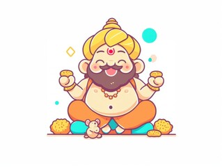 Naklejka premium Cartoon depiction of a joyful deity surrounded by sweets and a mouse.