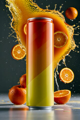 Citrus Burst, Orange Juice Can with Splash and Floating Orange Slices