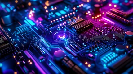 Obraz premium Intricate 3D Render of Glowing Circuit Boards with Vibrant Blue and Purple Lights, Reflecting on Metallic Surfaces and Showcasing Futuristic Technology