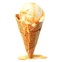 Delicious Melting Vanilla Ice Cream Cone with Waffle Cone on White Background