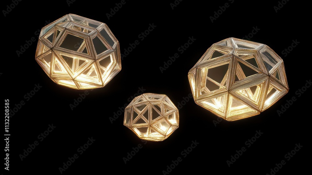 Poster Three Illuminated Geometric Glass Structures Float In Darkness