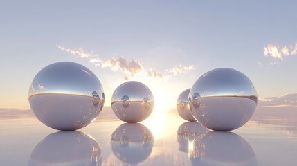 Reflective Spheres Sunset Serene Landscape