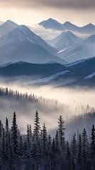 Obraz premium Snowy Peaks with Layers of Mist and Cloudy Sky Snow Covered Mountains and Peaks, Winter season, Happy New Year, Happy Christmas 