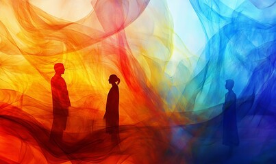 Fototapeta premium Silhouetted figures stand amidst vibrant, flowing fabrics.